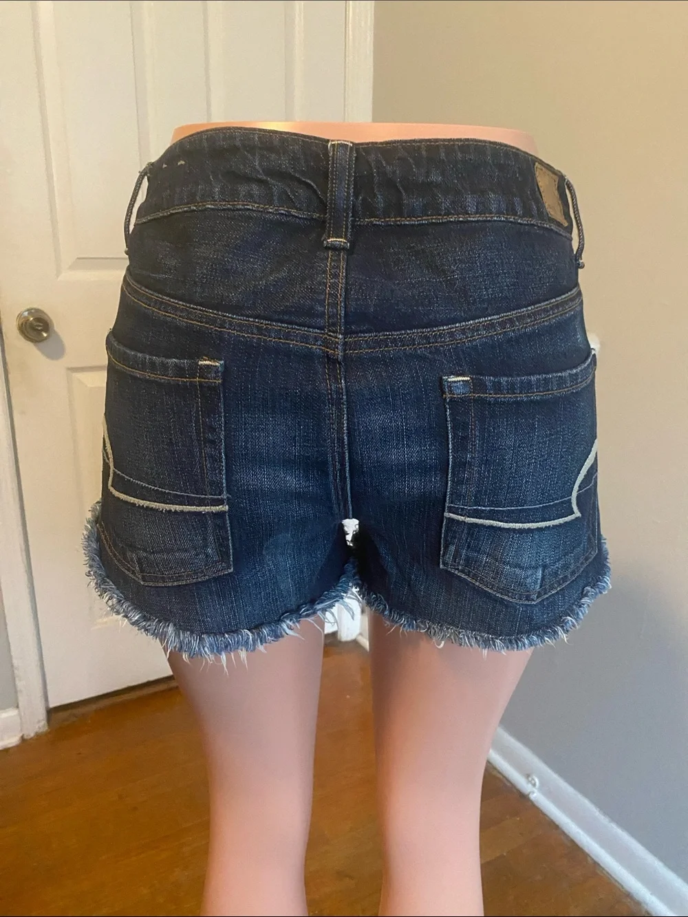 American Eagle Outfitters Dark Blue Frayed Hem Jean Shorts
